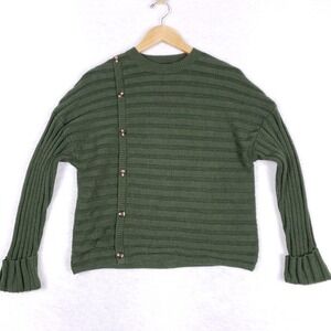 PrettyGarden Side Button Sweater Olive Green Medium Long Sleeve Ribbed Knit Cozy